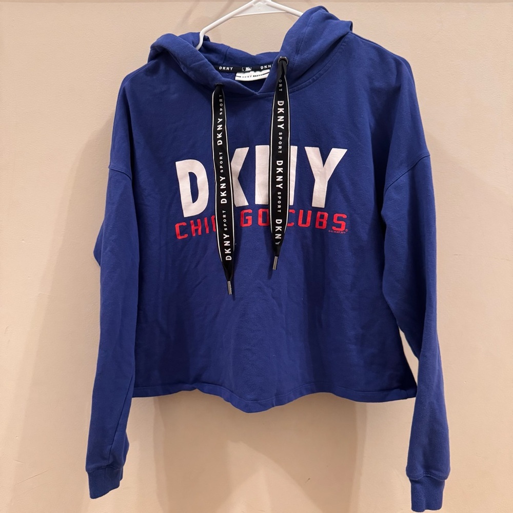 DKNY Chicago Cubs MLB Baseball Women's Blue Crop Hoodie Size M